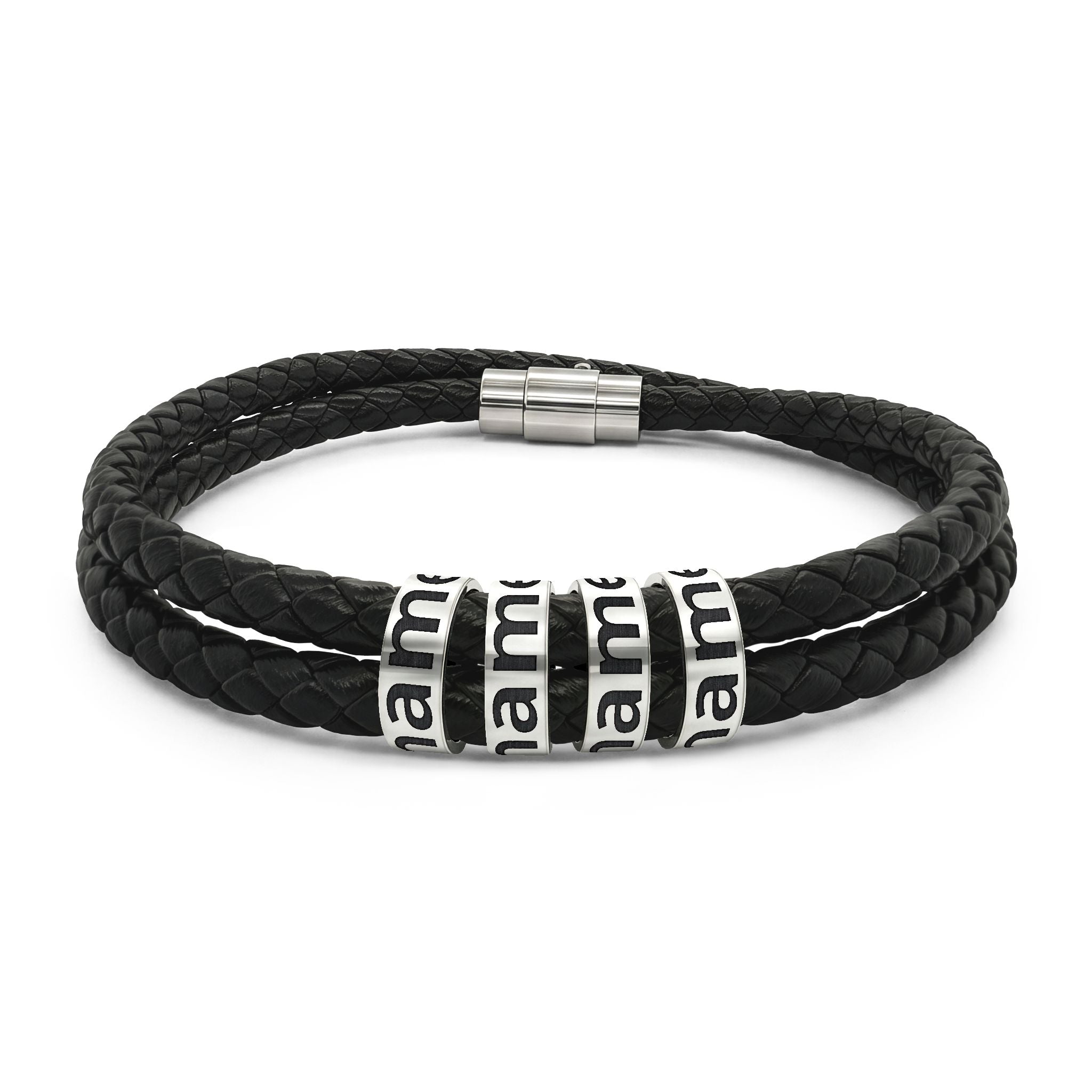 Engraved Name Beaded Leather Bracelet — Double Wrap Men’s Personalized Gift