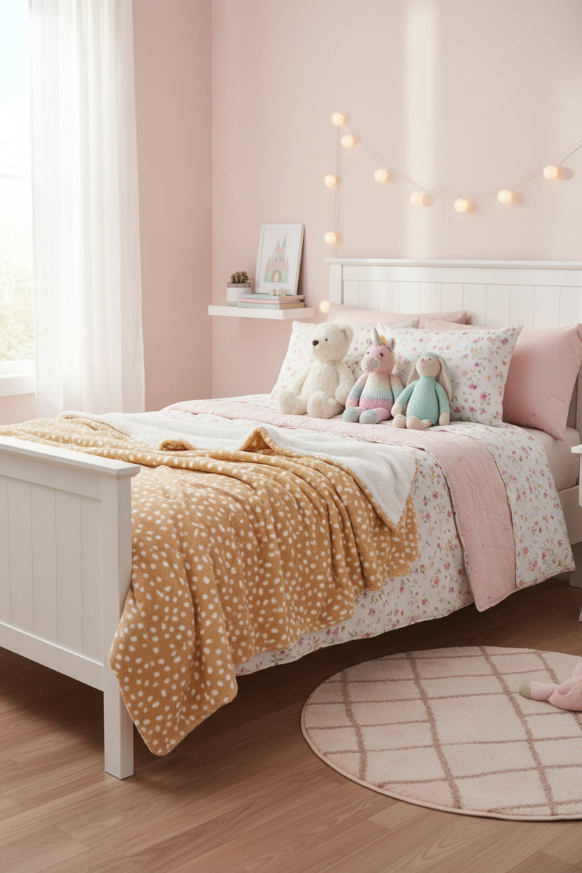 Beige Speckled Sherpa Blanket – Cozy Fawn Dot Throw
