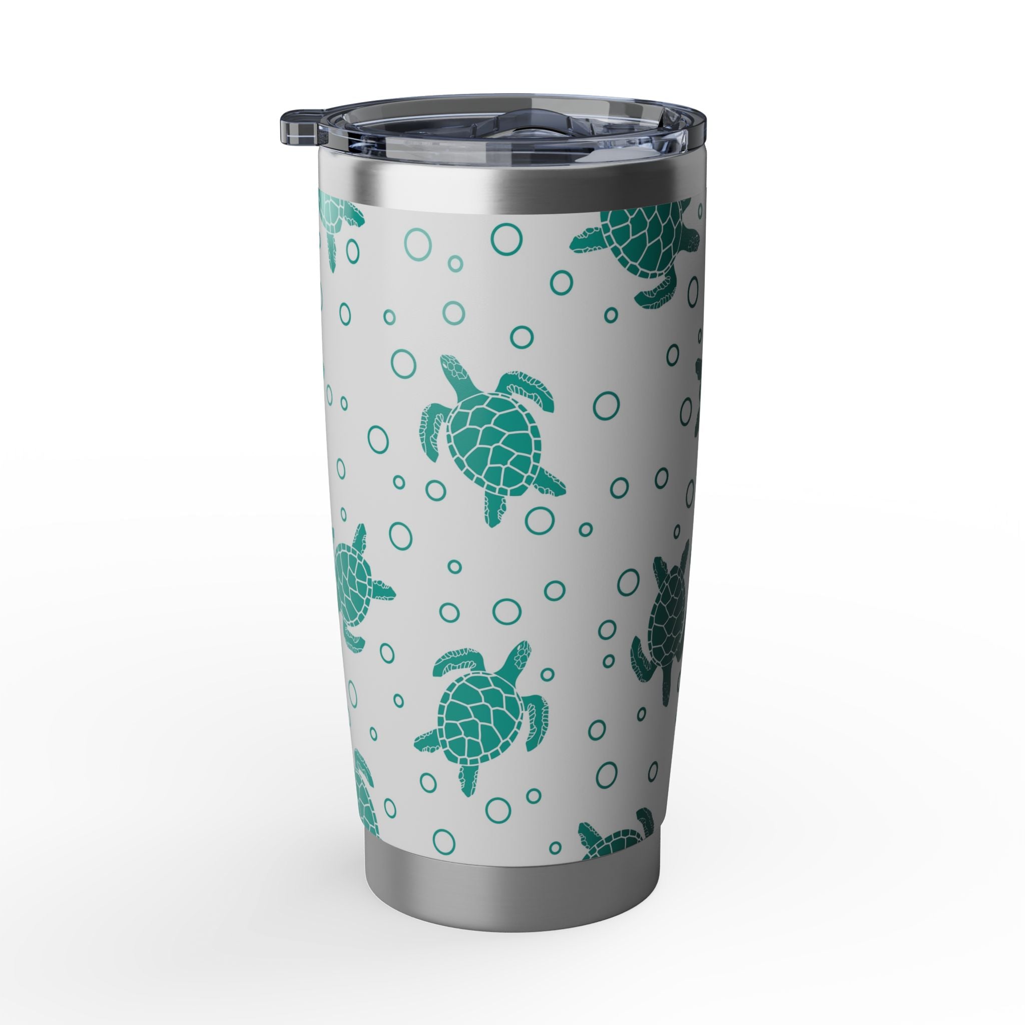 Tumbler with turtle and circle pattern on a white background